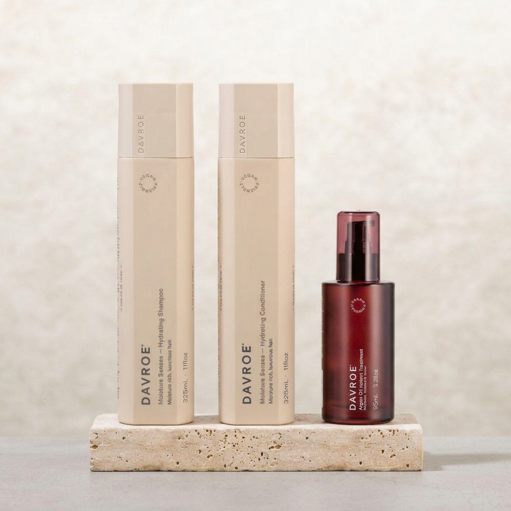 Shampooing, après-shampooing Moisture Senses et huile d'argan Davroe