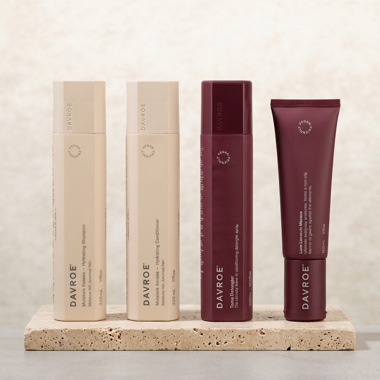 Shampooing, après-shampooing Moisture Senses, spray démêlant Tame et masque Luxe Davroe